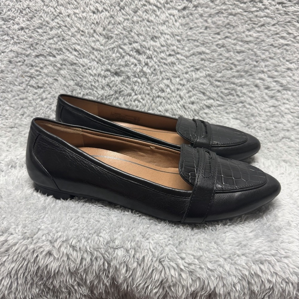 Vionic Savannah Black Leather Loafer Shoes Crocodile Embossed Pointed Toe Size 8
